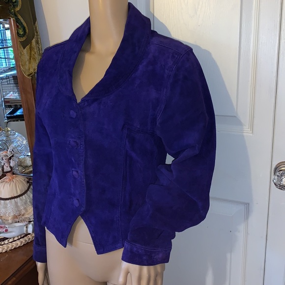 New Wave retro Vintage 80s purple genuine suede leather jacket size S M - Picture 9 of 13